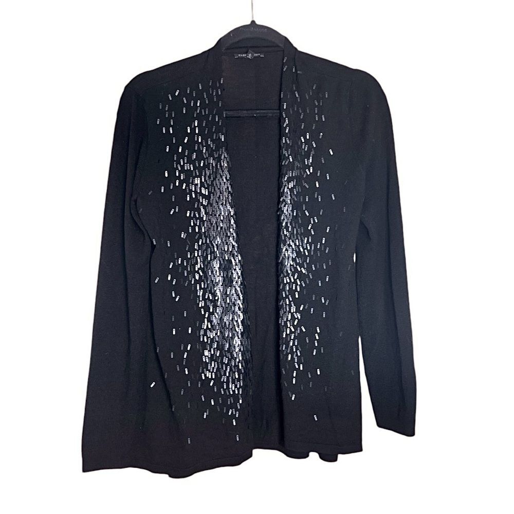 Eileen Fisher 100% Merino Wool Black Sequin Cardigan Top Open Front Size Small